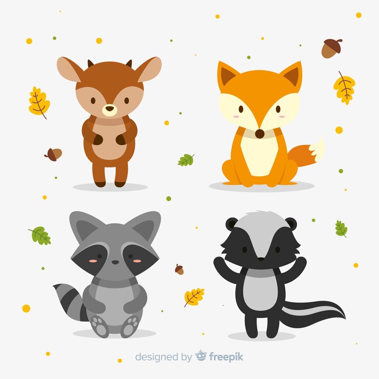 Vector gratuito bosque de otoño animales diseño plano
