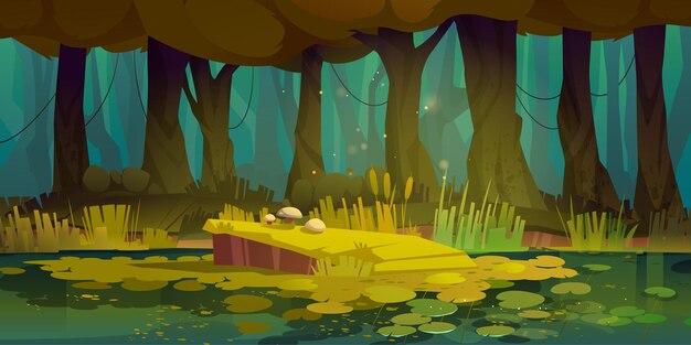 Bosque pantano fondo horizontal dibujos animados vector ilustración de fantasía de verano paisaje espeluznante con árboles lago y nenúfares Escena de juego de selva de estanque con hierba verde y plantas