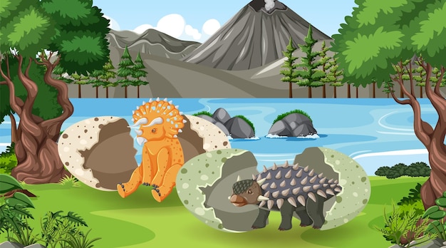 Vector gratuito bosque prehistórico con dibujos animados de dinosaurios