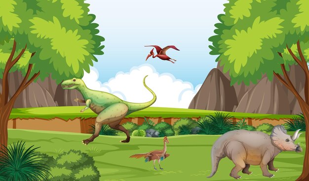 Bosque prehistórico con dibujos animados de dinosaurios