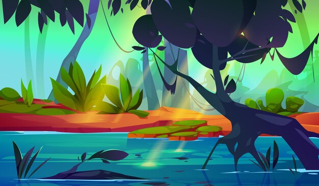 Bosque de selva tropical con paisaje de naturaleza fluvial