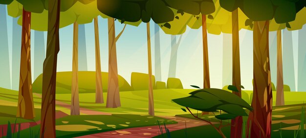 Bosque de verano con camino, hierba verde y árboles.