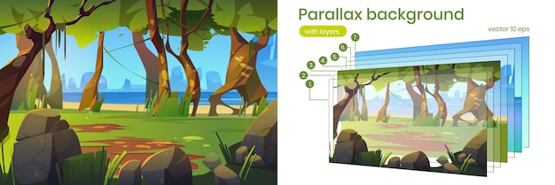Bosque de verano con claro, piedras, árboles y playa de lago o mar. Fondo de paralaje de vector con capas con paisaje de selva de dibujos animados con río, rocas, árboles verdes y pasto
