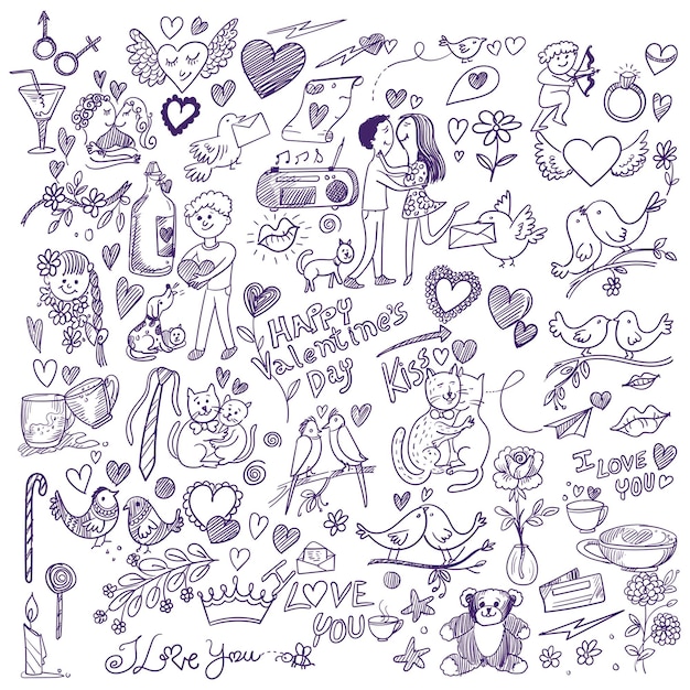 Bosquejo del doodle de la página del libro de recuerdos del día de san valentín dibujar a mano