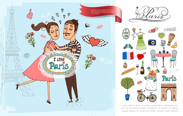 Bosquejo de elementos de París con pareja de enamorados ilustración
