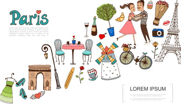 Bosquejo de elementos de París con pareja de enamorados ilustración