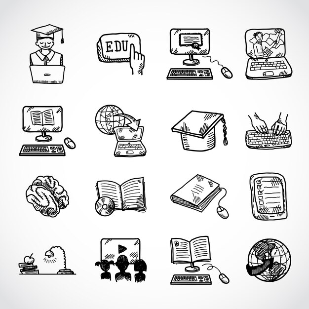 Bosquejo de icono de educación en línea, estilo doodle dibujado a mano