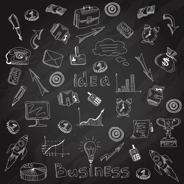 Bosquejo de la tiza de la pizarra de los iconos de la estrategia empresarial