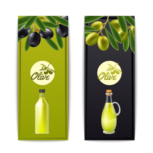Botella de aceite de oliva y vertedor con banderas verticales de aceitunas negras y verdes conjunto abstracto aislado vecto