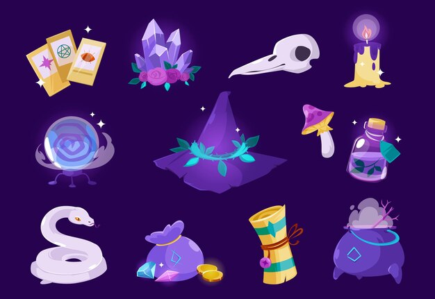 Botella de cristales mágicos de sombrero de bruja con caldero de cráneo de pájaro de poción y cartas de tarot Conjunto de dibujos animados vectoriales de objetos esotéricos equipo de brujería vela de hongo serpiente y pergamino con hechizo