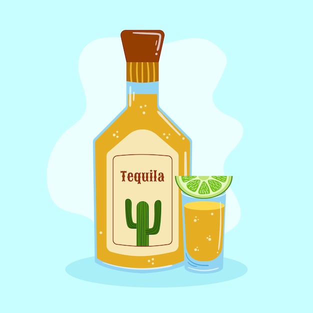 Botella y delicioso chupito de tequila de diseño plano