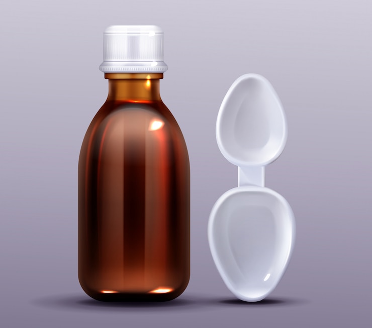 Vector gratuito botella de jarabe para la tos y cuchara de plástico, farmacia