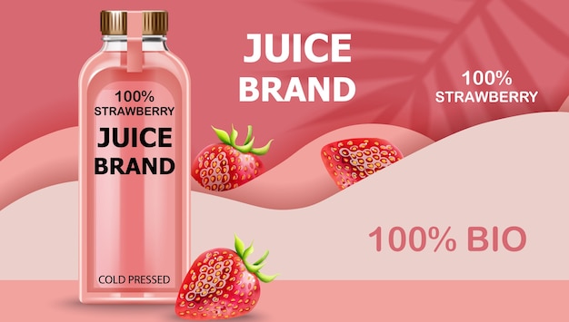 Botella de jugo BIO prensado en frío con fresas y ondas rosadas de fondo. Realista