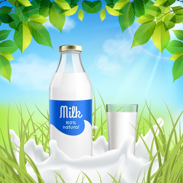 Vector gratuito botella de leche y vidrio en la naturaleza.