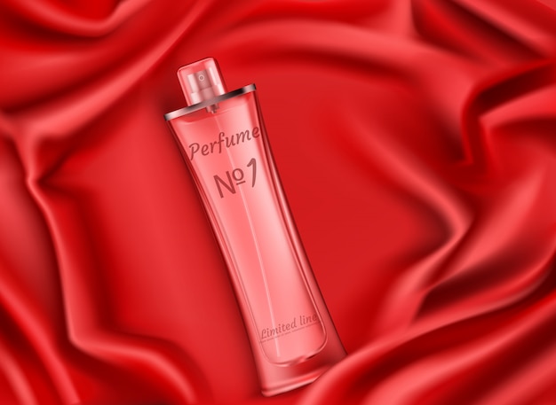 Botella de perfume, fragancia cosmética en seda roja