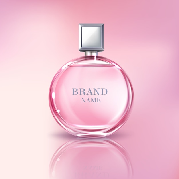 Vector gratuito botella de perfume realista del vector 3d para las mujeres. recipiente de vidrio brillante con liquido rosa