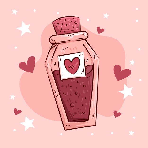 Botella de poción de amor dibujada a mano ilustrada