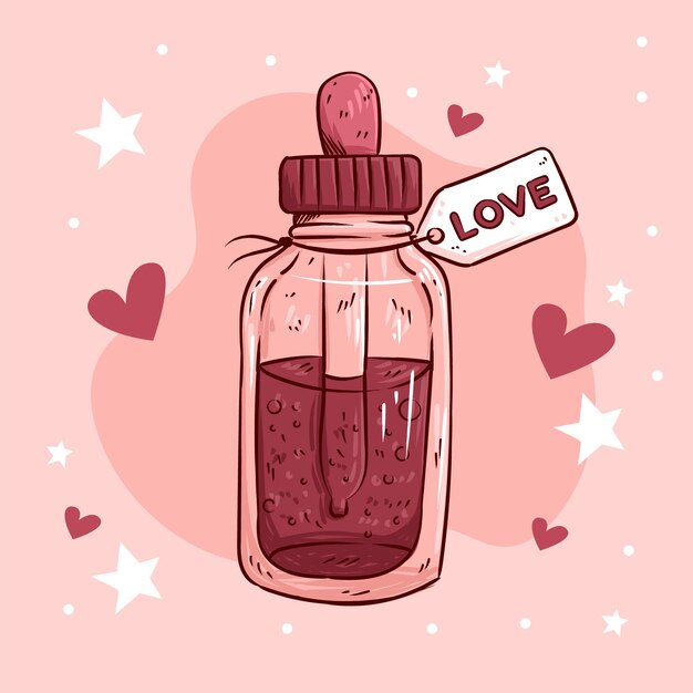Botella de poción de amor dibujada a mano