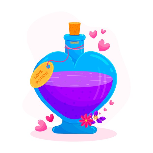 Botella de poción de amor en forma de corazón dibujada a mano