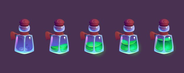 Botella de poción de laboratorio químico para animación de aplicaciones de juegos Frasco de alquimista para elixir fluido o antídoto hoja de sprites vacía y llenada Conjunto de activos de ilustración de alquimia de fantasía para interfaz de rol de mago