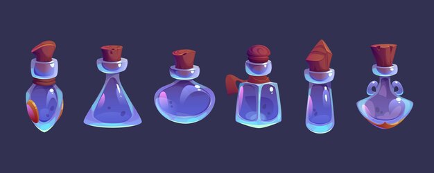 Botella de poción mágica vacía para juego de fantasía juego de dibujos animados Frasco de elixir de vidrio de bruja con corcho para colección de imágenes prediseñadas de laboratorio Contenedor de química aislado ui rpg icono de aplicación ilustración de boticario