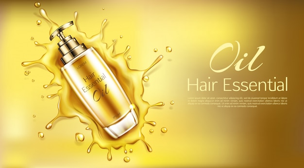 Vector gratuito botella de producto esencial de aceite de cosméticos para el cabello con bomba en oro con salpicaduras de gotas de líquido