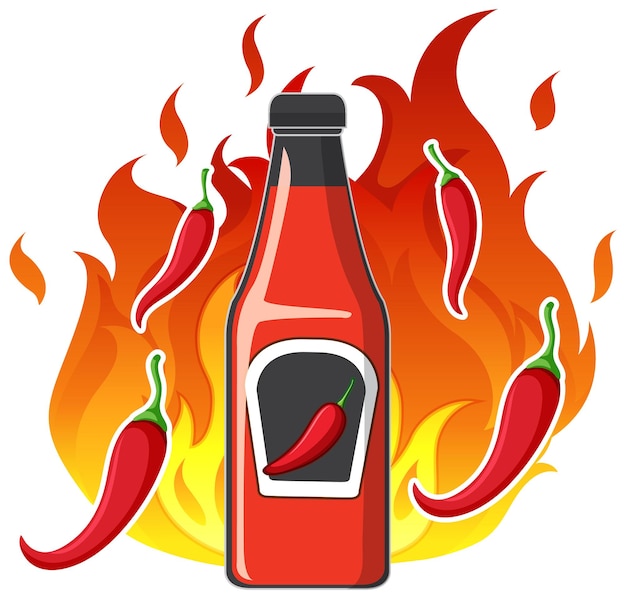 Botella de salsa de chile con fuego