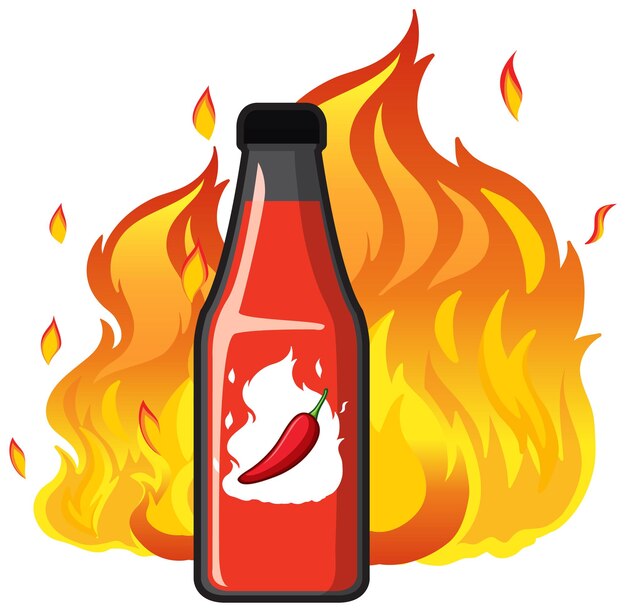 Botella de salsa de chile con fuego