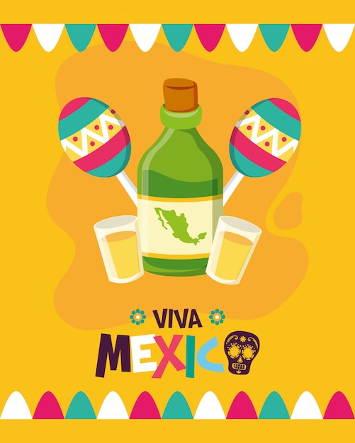 Vector gratuito botella de tequila y maracas para viva méxico