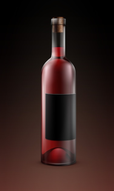 Vector gratuito botella de vidrio transparente de vector de vino tinto con etiqueta negra aislada sobre oscuro