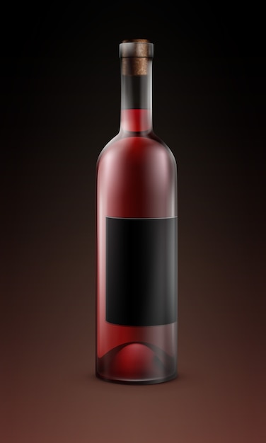 Botella de vidrio transparente de vector de vino tinto con etiqueta negra aislada sobre oscuro