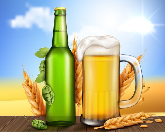 Botella de vidrio verde y taza con cerveza artesanal