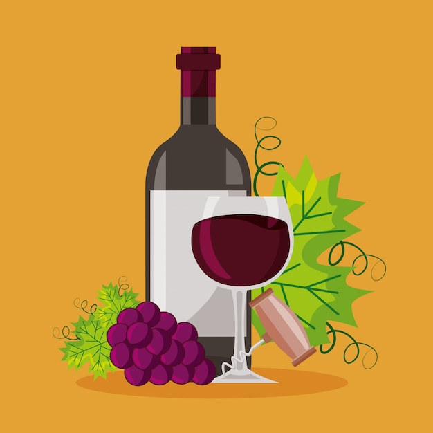 Vector gratuito botella de vino copa sacacorchos racimo uvas frescas