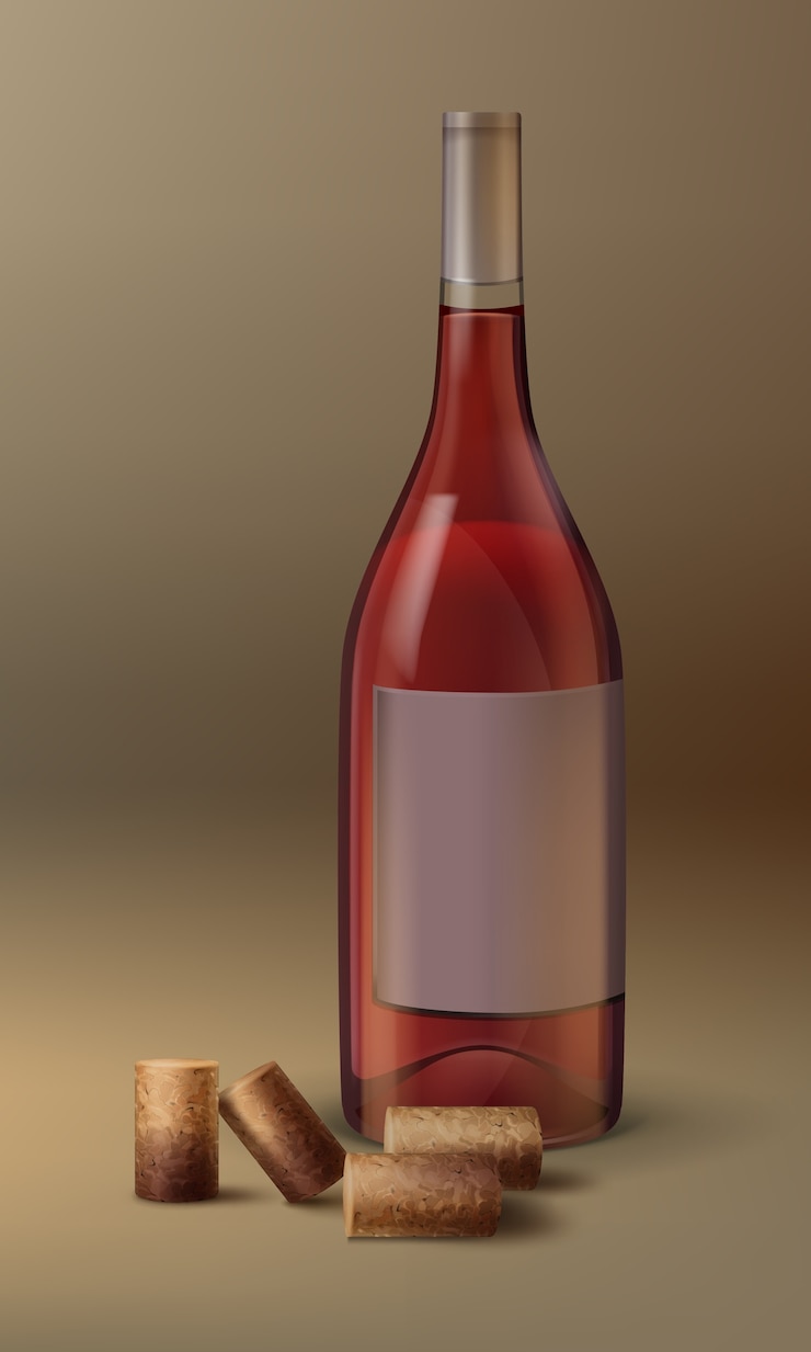 Vector gratuito botella de vino de vector con etiqueta vacía y corcho aislado sobre fondo degradado