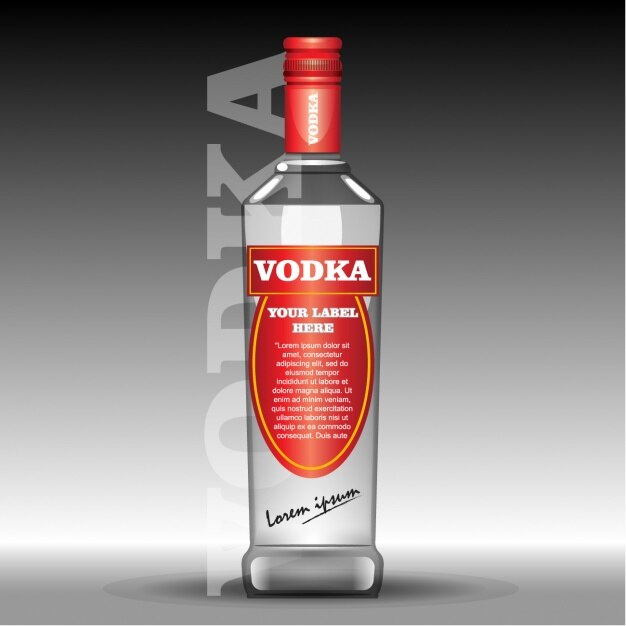 Botella de vodka con etiqueta roja
