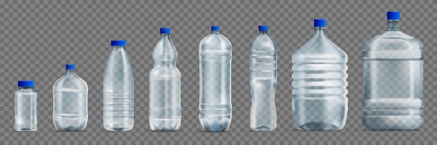 Vector gratuito botellas de agua de plástico realistas sobre fondo transparente con maquetas aisladas de diferentes formas con tapas ilustración vectorial