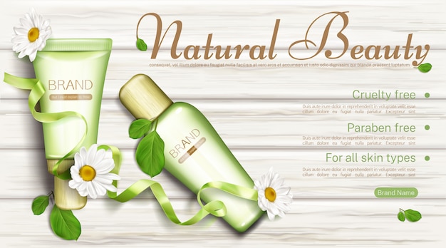 Vector gratuito botellas de cosméticos naturales con plantilla de banner de manzanilla