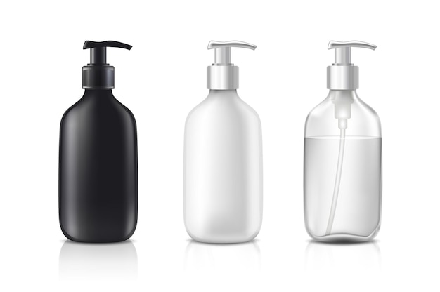 Botellas de cosméticos en vidrio blanco negro y transparente.