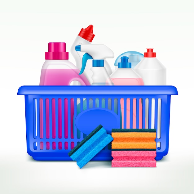 Vector gratuito botellas de detergente en la composición de la cesta con imágenes realistas de botellas de plástico de líquidos de lavado en la cesta