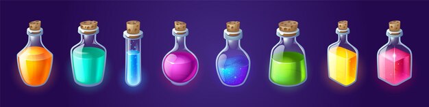 Botellas con elixir de alquimia de poción mágica