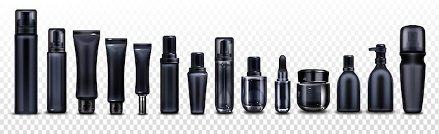 Botellas, frascos y tubos de cosméticos negros para cremas, aerosoles, lociones y productos de belleza