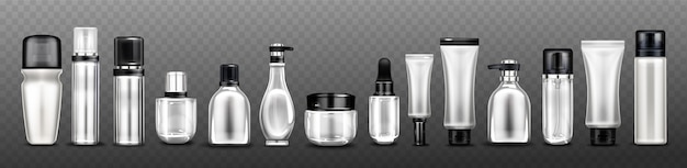 Vector gratuito botellas, frascos y tubos de cosméticos de plata para cremas, aerosoles, lociones y productos de belleza.