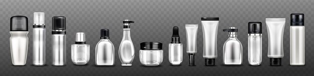 Botellas, frascos y tubos de cosméticos de plata para cremas, aerosoles, lociones y productos de belleza.