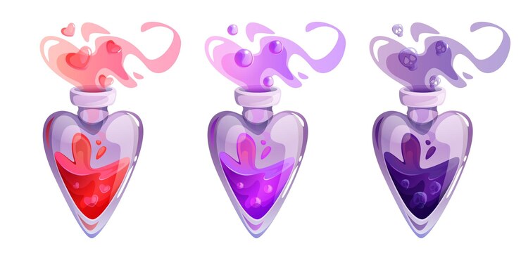 Vector gratuito botellas mágicas en forma de corazón con pociones de amor