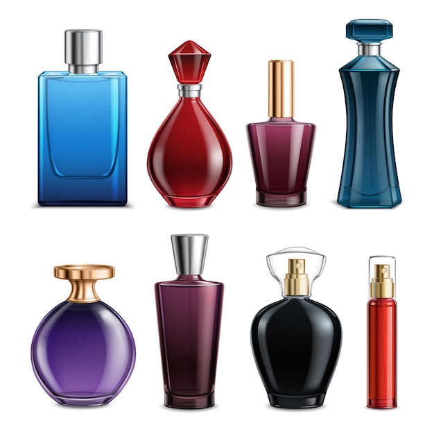 Vector gratuito botellas de perfume de vidrio coloreado