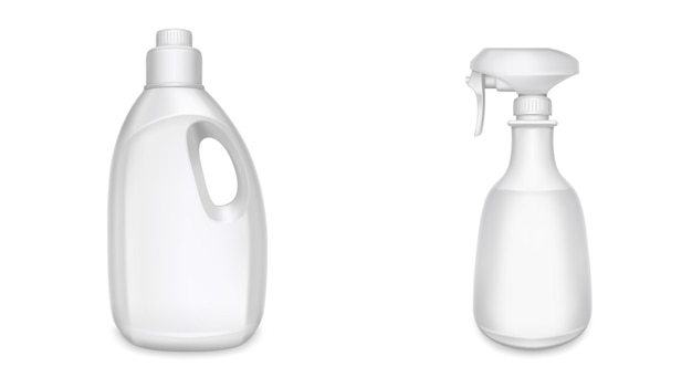 Vector gratuito botellas de plástico para productos químicos domésticos, detergentes, jabones y limpiadores. maqueta realista vectorial de contenedores en blanco 3d con limpiador y spray aislado sobre fondo blanco