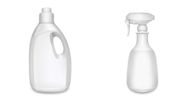 Botellas de plástico para productos químicos domésticos, detergentes, jabones y limpiadores. Maqueta realista vectorial de contenedores en blanco 3d con limpiador y spray aislado sobre fondo blanco