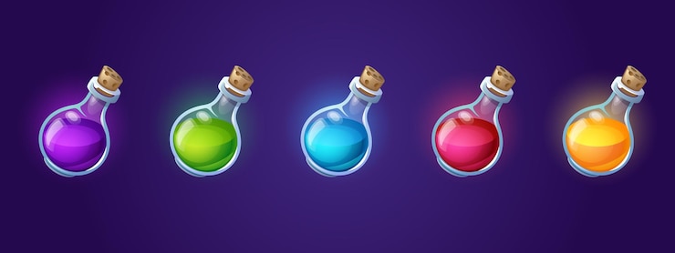 Vector gratuito botellas de poción con matraces de dibujos animados de elixir mágico