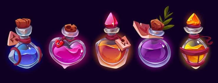 Vector gratuito botellas de poción con matraces de dibujos animados de elixir mágico