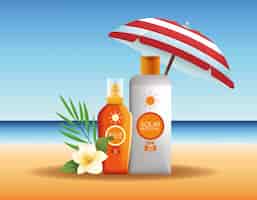 Vector gratuito botellas de protección solar productos para publicidad de verano.